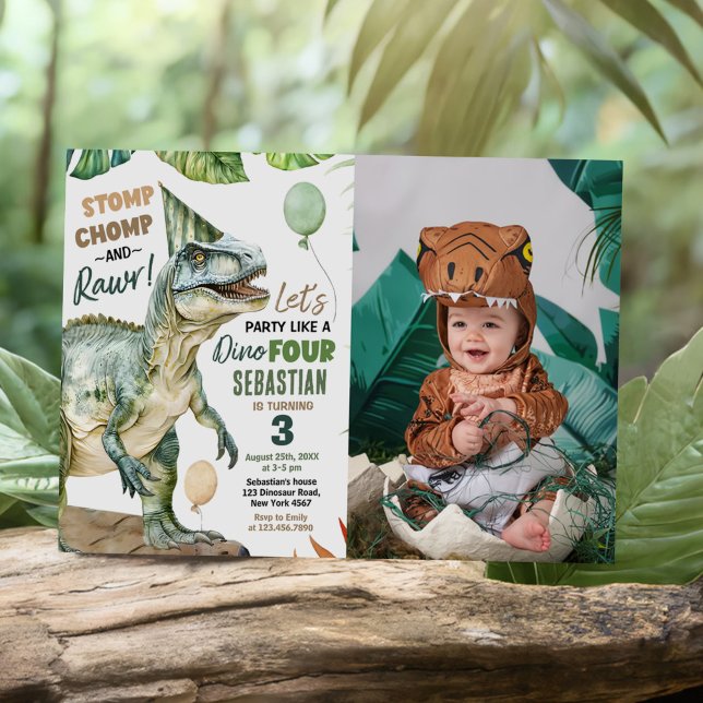 Jungle Dinosaur T Rex 3rd Birthday Party Photo Invitation (Creator Uploaded)