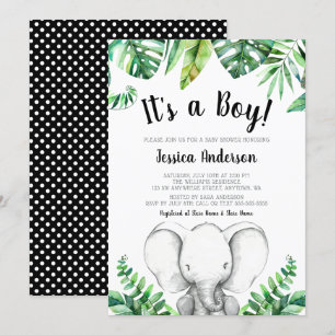 Jungle Elephant Boy Baby Shower Invitations Black