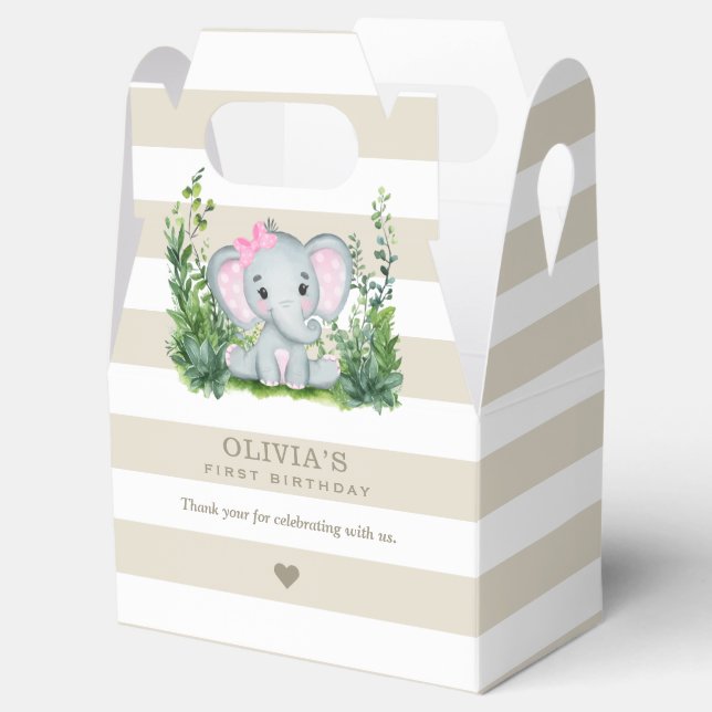 Jungle Elephant Girl 1st Birthday Thank You Favor Box (Opened)