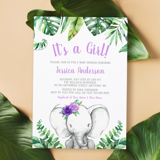 Jungle Elephant Girl Purple Baby Shower Invitation (Creator Uploaded)