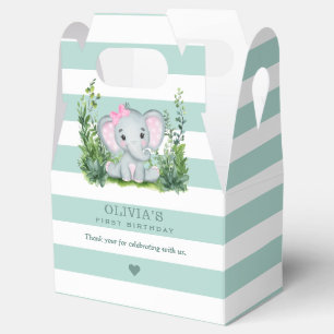 Jungle Elephant Green Girl 1st Birthday Thank You Favor Box