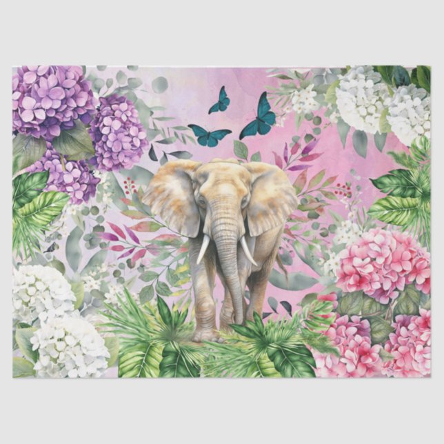 Jungle Elephant & Hydrangeas & Butterflies Tissue Paper (Front)