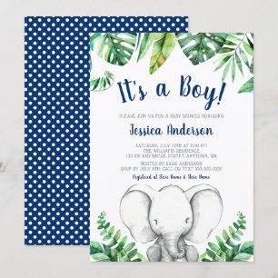 Jungle Elephant Navy Boy Baby Shower Invitations
