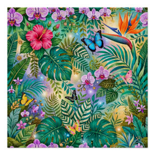 Jungle Fantasy Butterflies Flowers Cheerful Poster