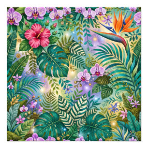Jungle Fantasy Flowers Purple Green Gold Dreamy Photo Print