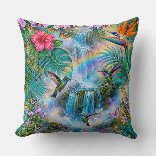 Jungle Fantasy Waterfalls Hummingbirds Rainbow Throw Pillow