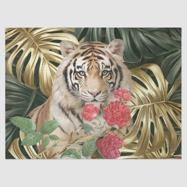 Jungle Foliage Watercolor Red Rose Tiger  Tissue Paper (Front)