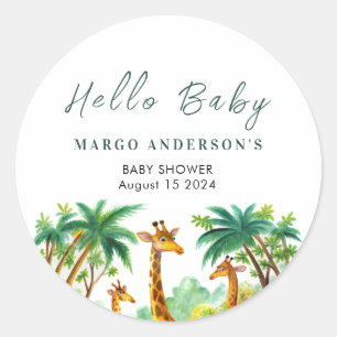 Jungle Giraffe Cute Elegant Hello Baby shower Classic Round Sticker