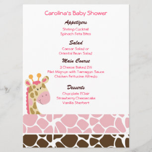 Jungle Giraffe Pink Custom Baby Shower Menu