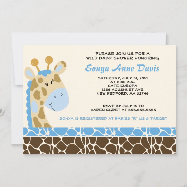 Jungle Giraffe Print (Blue) Baby Shower 5x7 Invite (Front)