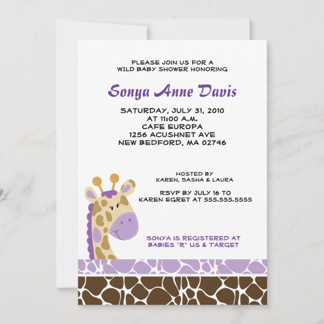 Jungle Giraffe Print (Purple) Baby Shower Invite (Front)