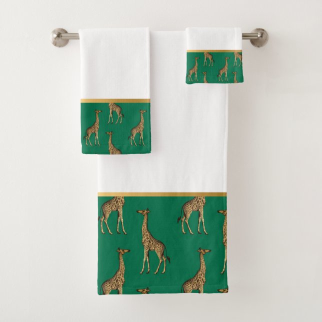 JUNGLE GIRAFFE TRIMMED GOLD BATHROOM TOWEL SET (Insitu)