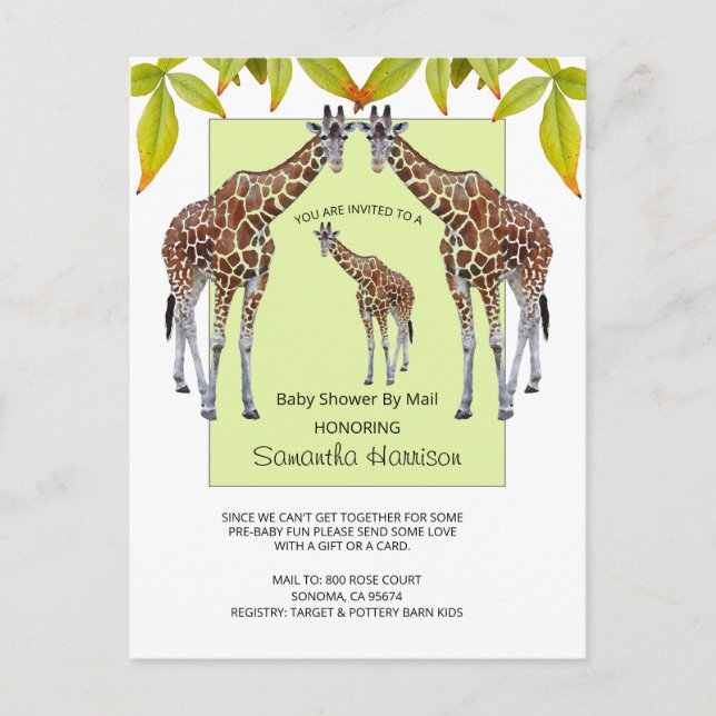 Jungle Giraffe Watercolor Baby Shower By Mail Invitation Postcard (Front)