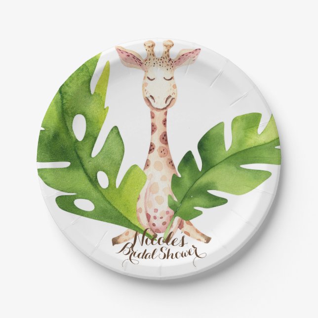 Jungle Giraffe Watercolor Baby Shower Party Paper Plate (Front)