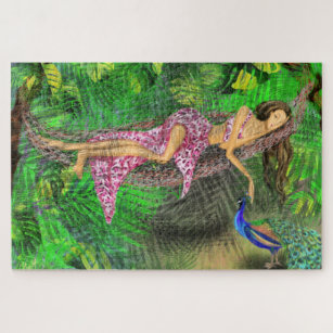 Jungle Girl and Peacock - Art Drawing Fantasy  Jigsaw Puzzle