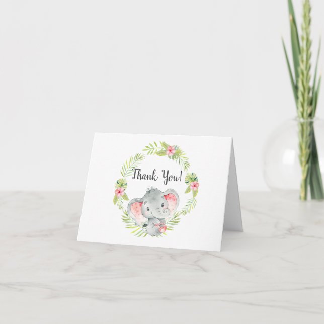 Jungle Girl Elephant Baby shower Merci Note (Devant)