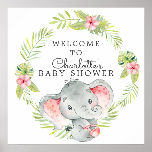 Jungle Girl Elephant Baby Shower Welcome Poster (Front)