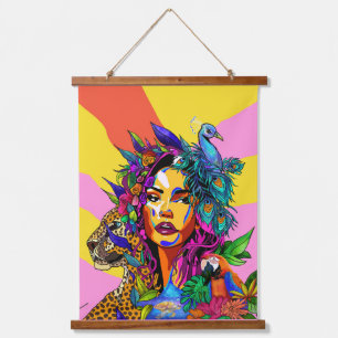 Jungle Goddess Pop Art Peacock Portrait Hanging Ta Tapestry