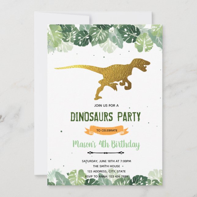 Jungle gold t-rex dinosaur birthday invitation (Front)