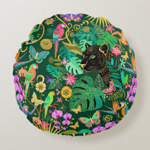 Jungle Golden Fantasy Surreal Exotic Round Pillow