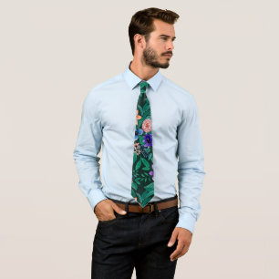 Jungle Green Coral Watercolor Greenery Pattern Tie