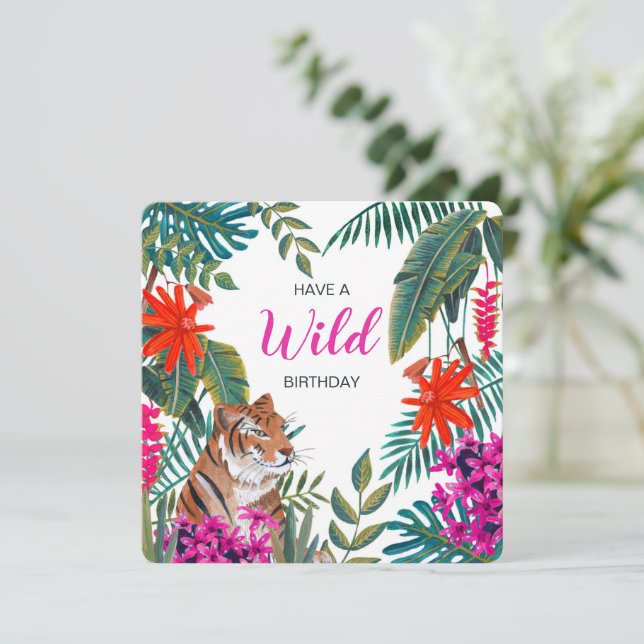 Jungle green & pink wild tropical birthday tiger card (Standing Front)