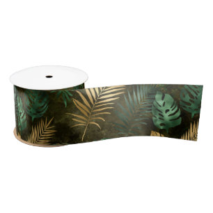 Jungle Green Yellow Tropical Palm Leaves Satin Ribbon