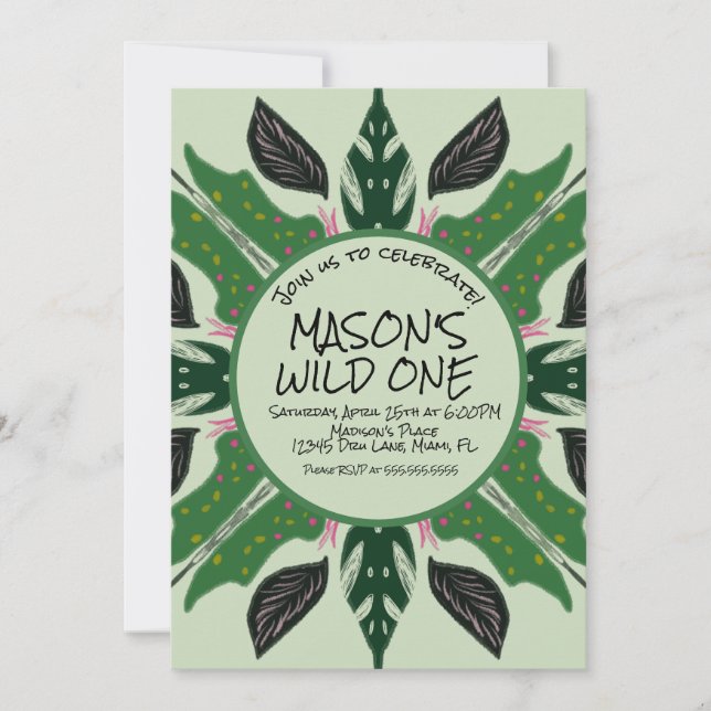 Jungle Greenery Hand Drawn  Zoo Party  Invitation (Front)