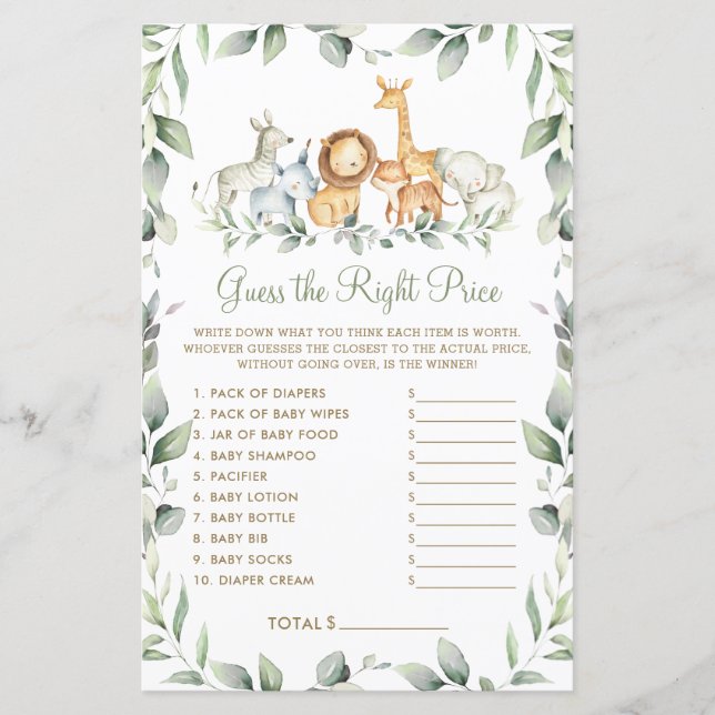 Jungle Guess the Right Price Baby Shower Game (Front)