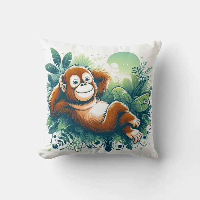 Jungle Harmony: Orangutan-Inspired  Throw Pillow (Front)