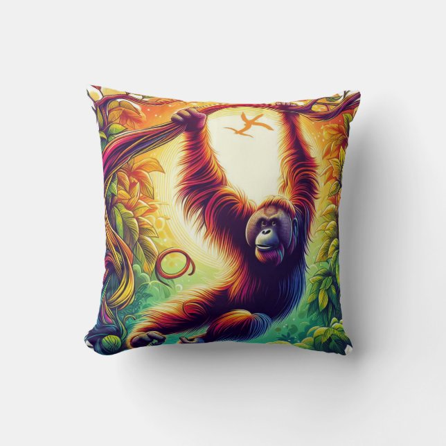 Jungle Harmony: Orangutan-Inspired  Throw Pillow (Front)