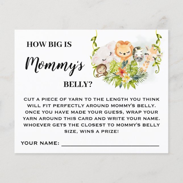 Jungle How big is Moms Belly Baby Shower Game Card (Front)
