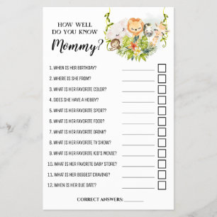 Jungle How well do you know Mom Shower game card