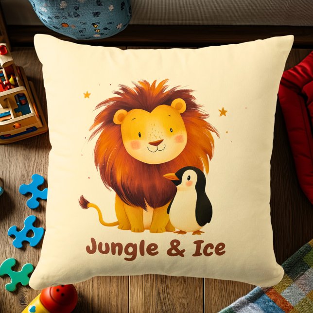 Jungle & Ice Lion & Penguin | Fun Animal Friends Throw Pillow (Creator Uploaded)