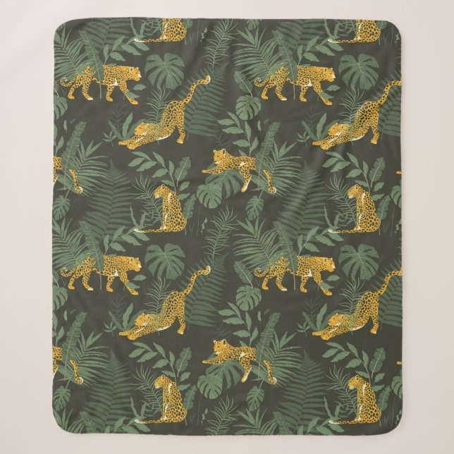 Jungle Jaguar Green Monstera Leaves Pattern Sherpa Blanket (Front)