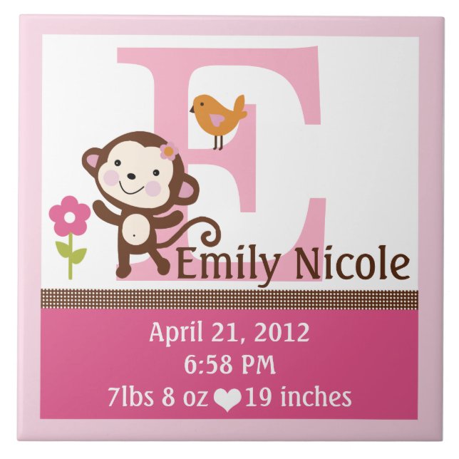 Jungle Jill Monkey Letter Name Birth Info Tile (Front)