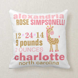 Jungle Jill Pink Giraffe Birth Announcement Throw Pillow