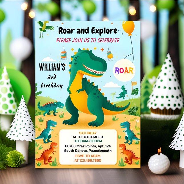 Jungle kids cute boys T three 3 rex 3rd birthday Invitation (Creator Uploaded)
