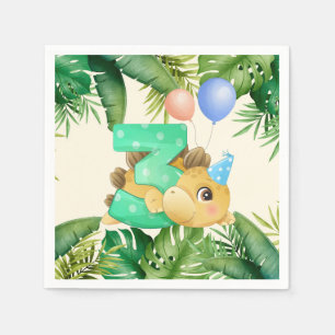 Jungle Leaves Cute Dinosaur 3rd Birthday Party Napkin