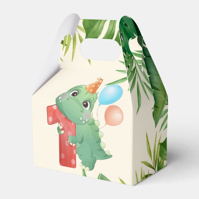 Jungle Leaves Dinosaur 1st Birthday Party  Favor Box (Front Side)