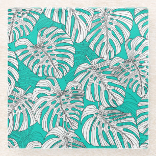Jungle Leaves Tropical Floral Seamless Glass Coaster
