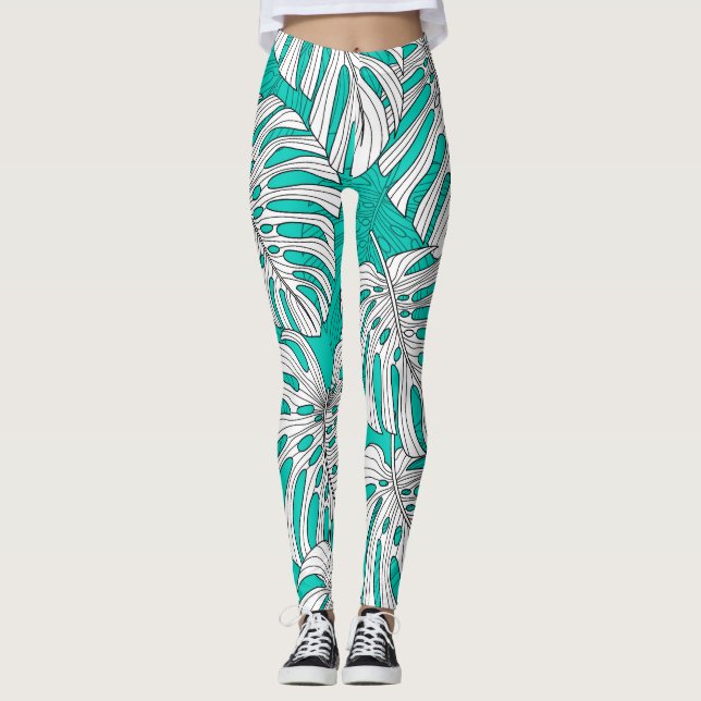 Jungle Leaves Tropical Floral Seamless Leggings (Front)
