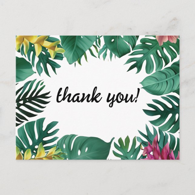 Jungle Leaves with Pink and Yellow Tropical Flower Postcard (Front)