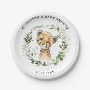 Jungle Leopard Baby Cheetah Greenery Gold Shower Paper Plate