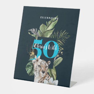 Jungle Leopard Blue Milestone Birthday Party Pedestal Sign