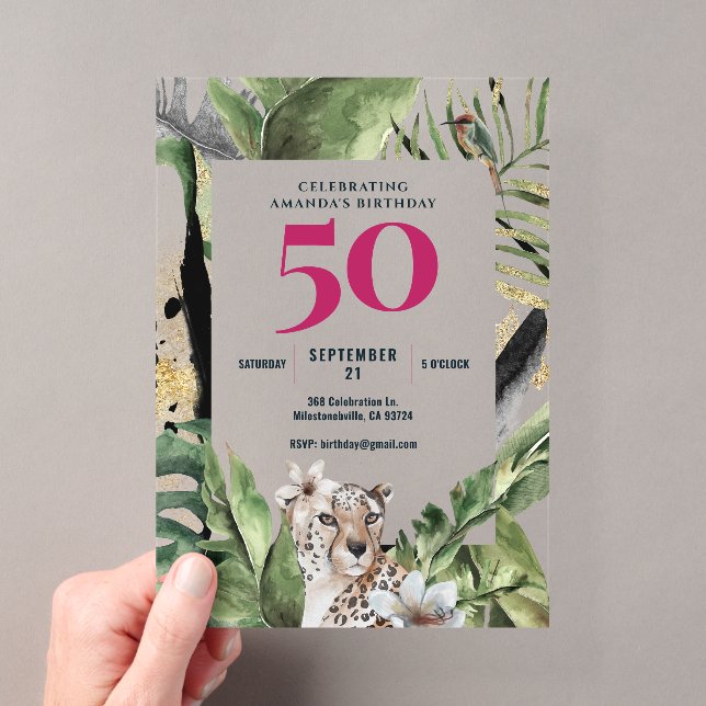 Jungle Leopard Pink 50th Birthday Party  Acrylic Invitations (Insitu (Handheld))