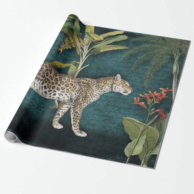 Jungle Leopard Tropical Floral Teal Blue Decoupage Wrapping Paper (Unrolled)