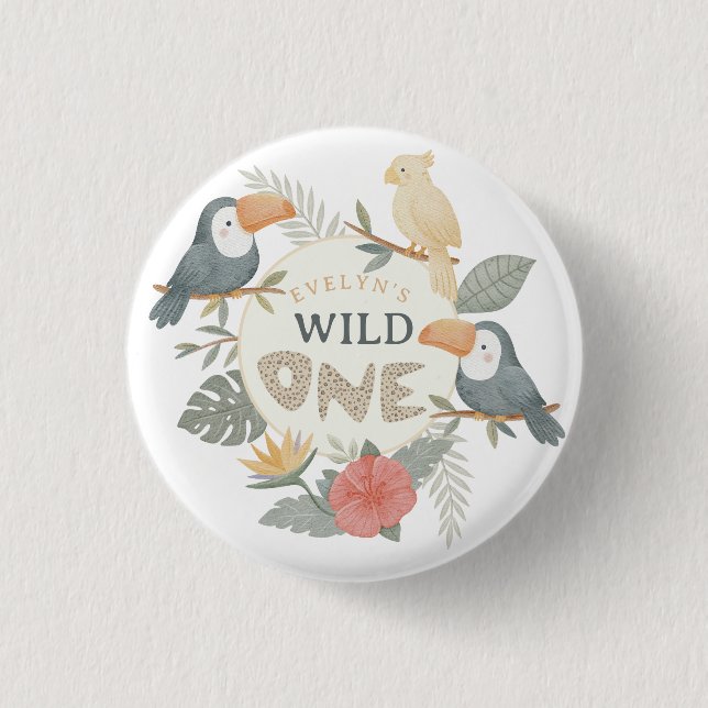 Jungle Leopard Tropical Toucan First Birthday 1 Inch Round Button (Front)