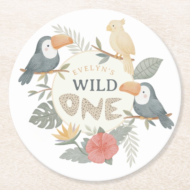 Jungle Leopard Tropical Toucan First Birthday Round Paper Coaster (Front)