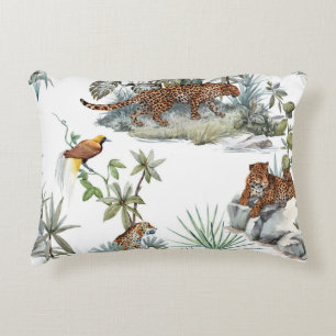 Jungle Leopard Watercolor Tropical Scene Accent Pillow